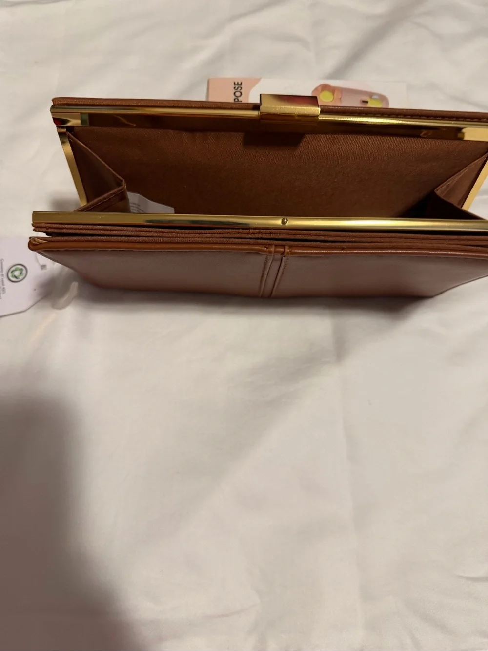 Time and Tru Brown Leatherette Clutch with Gold Frame